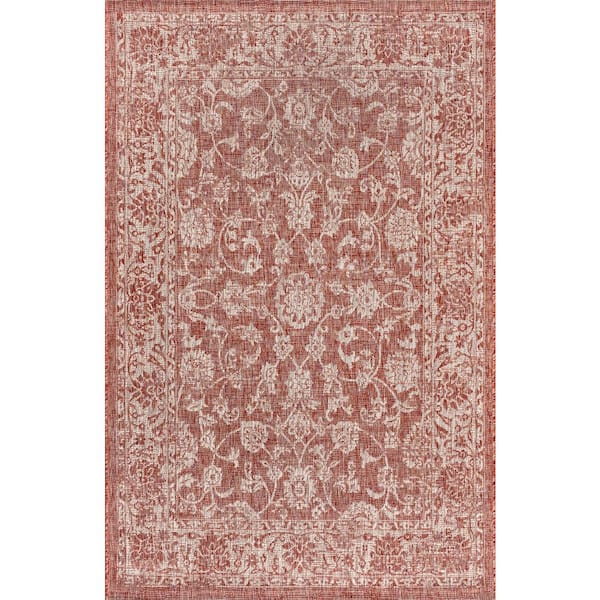 Tela Bohemian Red/Taupe 3 ft. 11 in. x 6 ft. Textured Weave Floral Indoor/Outdoor Area Rug