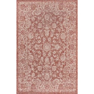 Tela Bohemian Textured Weave Floral Red/Taupe 9 ft. x 12 ft. Indoor/Outdoor Area Rug