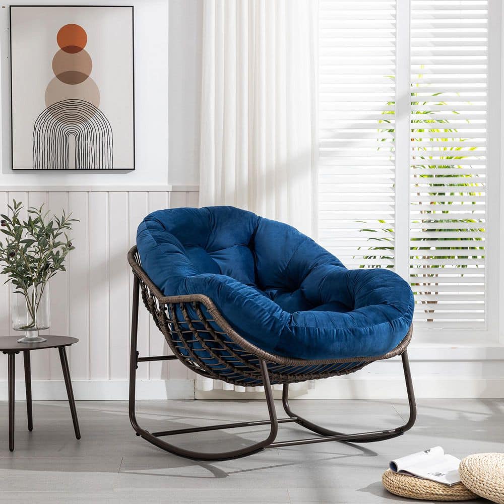Rattan Metal Outdoor Rocking Chair with Navy Blue Padded Cushion Lounge Chair for Front Porch, Patio, Living Room price history on PriceWatchPro