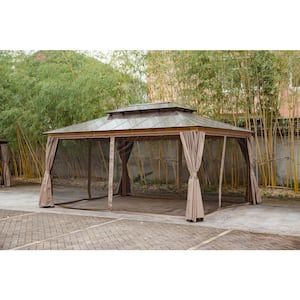 12 ft. x 16 ft. Wood Grain Aluminum Double Galvanized Steel Roof Gazebo with Ceiling Hook, Mosquito Netting and Curtains