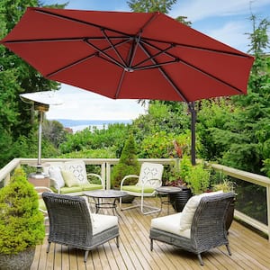 11 ft. Round Aluminum 360-Degree Rotation Cantilever Offset Outdoor Patio Umbrella with a Base in Red