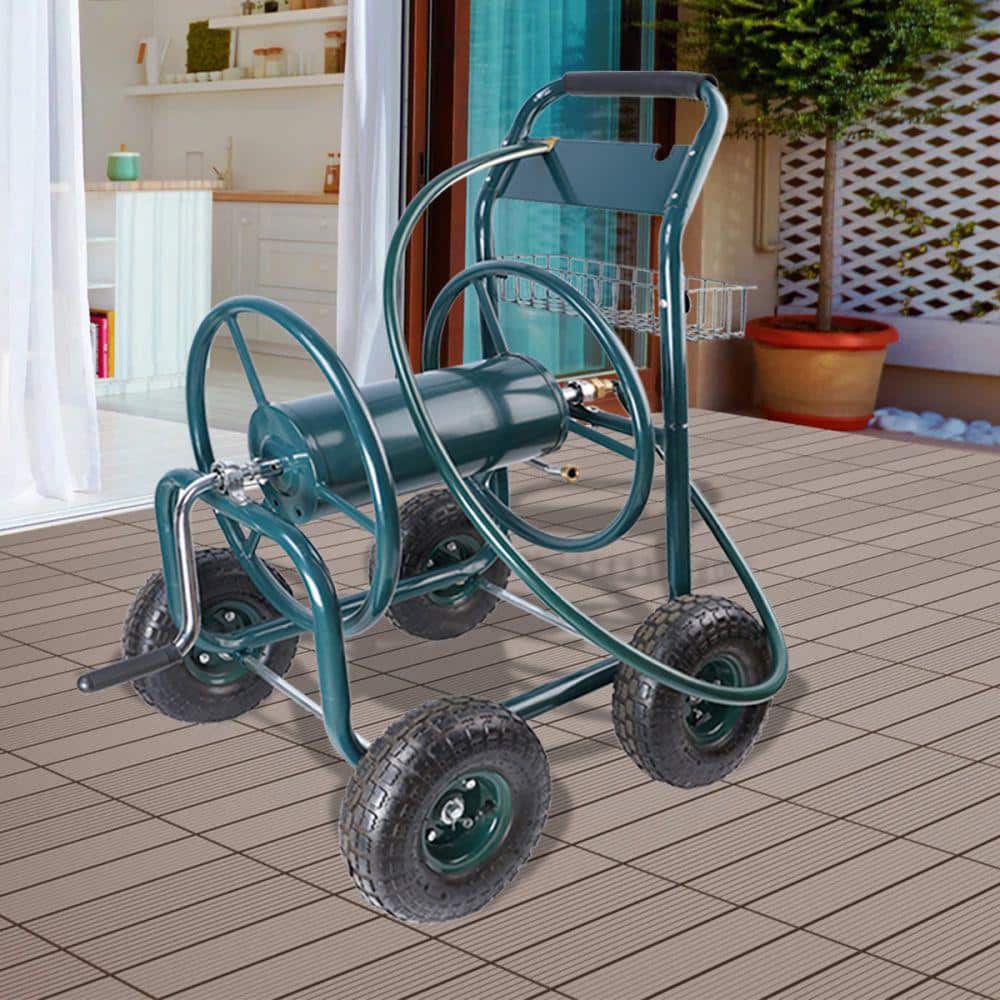 Green Heavy-Duty Steel Garden Hose Reel Cart with Storage Basket