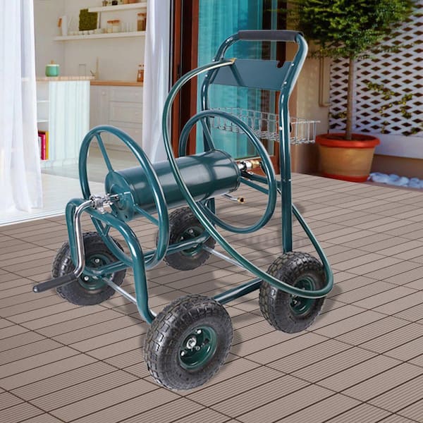Amucolo 4 Wheels Portable Garden Hose Reel Cart with Storage