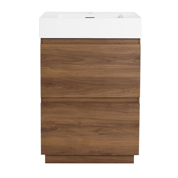 24 in. Single Sink Freestanding Brown Bath Vanity with White Resin Top, Double Drawer, Engineering Wood