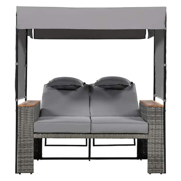 Zeus & Ruta 2-Piece Grey Wicker Patio Rattan Adjustable Outdoor Lounge Chair Grey Cushions, Outdoor Bench Lounge Roof Set