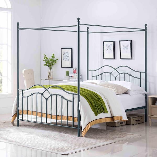 Polibi Blue Metal Frame Queen Platform Bed, Canopy Bed RS011