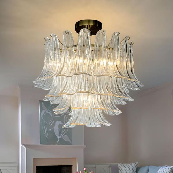 24 in. 5-Lights Vintage Antique Bronze Modern Flush Mount 4-Tier Clear Art Glass Ceiling Light for Living Room