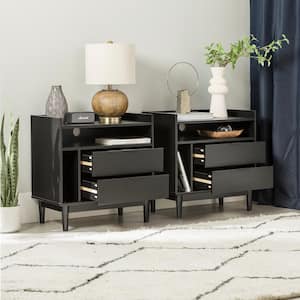 2-Drawer Black Set of 2 Solid Wood Mid-Century Modern Nightstands with Tray Top [25.5 in. H x 25 in. W x 16 in. D]