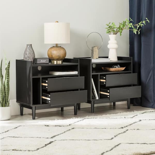 Welwick Designs 2-Drawer Black Set of 2 Solid Wood Mid-Century Modern Nightstands with Tray Top [25.5 in. H x 25 in. W x 16 in. D]