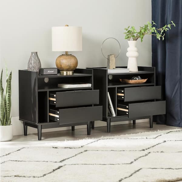 2-Drawer Black Set of 2 Solid Wood Mid-Century Modern Nightstands with Tray Top [25.5 in. H x 25 in. W x 16 in. D]