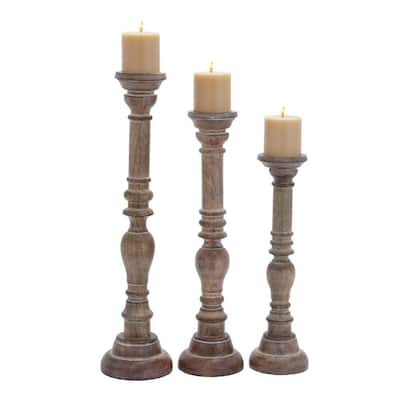 Brown Mango Wood Traditional Candle Holder (Set of 3)