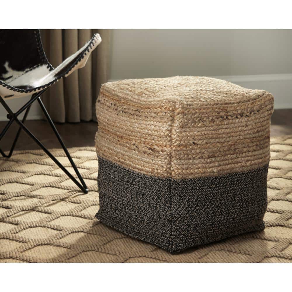 Contemporary Gray and Brown Braided Jute Pouf, 19" W x 17.5" H
