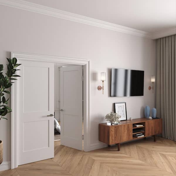 48 in. x 80 in. Bi-Parting Solid Core White Primed Composite Prehung French Door Catch Ball Satin Nickel Jamb-4-7/8 in.