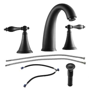 8 in. Widespread 2-Handle 3-Hole Bathroom Hot and Cold Water Vessel Faucets with Matching Pop Up Drain in Matte Black