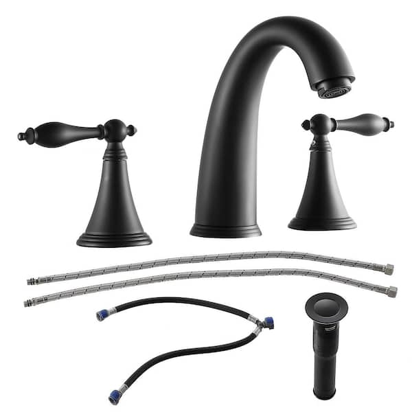 cadeninc 8 in. Widespread 2-Handle 3-Hole Bathroom Hot and Cold Water Vessel Faucets with Matching Pop Up Drain in Matte Black