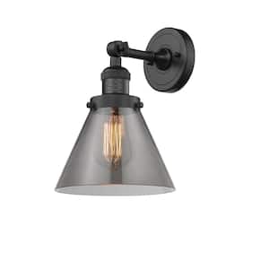 Franklin Restoration Large Cone 8 in. 1-Light Matte Black Wall Sconce with Plated Smoke Glass Shade