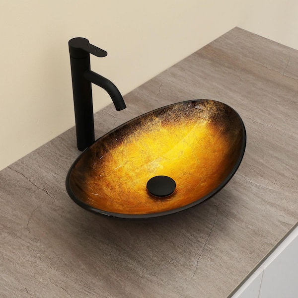 18-1/2 in. Yellow Glass Oval Vessel Bathroom Sink with Black Pop-up Drain