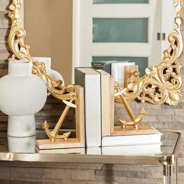 Litton Lane Gold Aluminum Anchor Bookends (Set of 2)