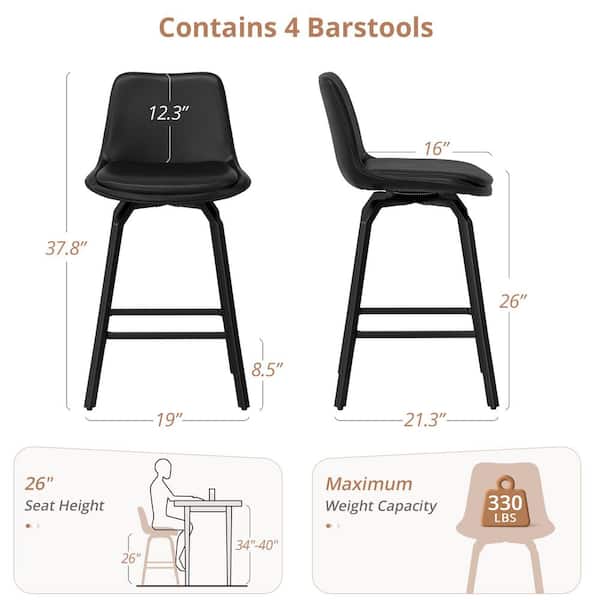 YANNIS Black Faux Leather Swivel Bar Stool Metal Frame Double-cushioned Counter Height Stool (Set Of 6)