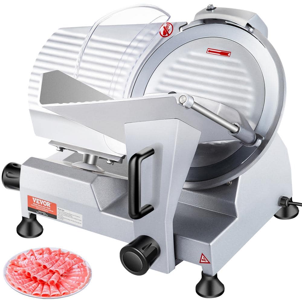 VEVOR Commercial Meat Slicer 240W 10 in. Carbon Steel Blade 350-400RPM Meat Slicer, 0 - 0.47 in. Thickness Adjustable Silver