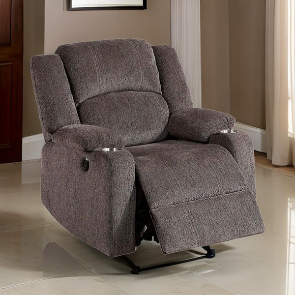 Benjara Plush Brown Chenille Fabric Power Recliner with USB Port