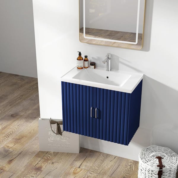 24 in. W Floating Wall Mounted Bath Vanity in Blue with White Ceramic Top