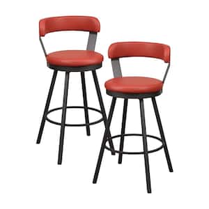 Avignon 30 in. Dark Gray Metal Swivel Pub Height Chair with Red Faux Leather Seat (Set of 2)