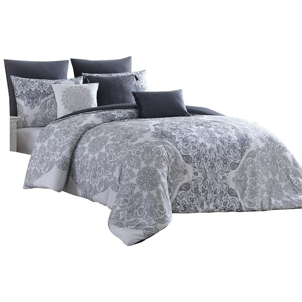 THE URBAN PORT Evie 8- Piece White and Gray Damask Microfiber King Comforter Set