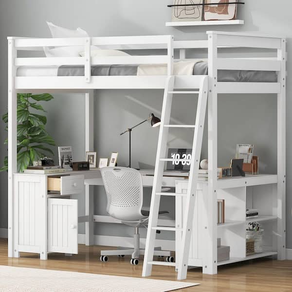 Serena White Full Size Loft Bed with U-Shaped Desk, Drawers, Storage Shelves, Ladder