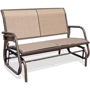 2-Person Coffee Metal Outdoor Patio Swing Bench with Cup Holder