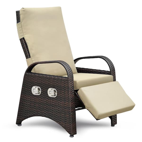 PE Wicker Outdoor Recliner Adjustable Backrest and footrest with Removable khaki Cushion