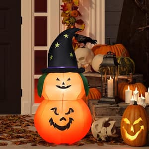 5 ft. Halloween Inflatable Pumpkin with Witch Hat LED Bulbs Blow Up Yard Decoration