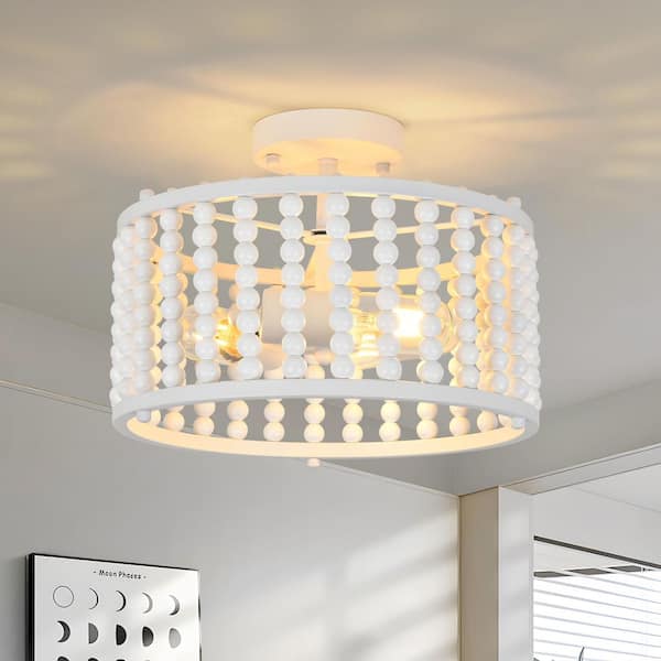 TinHon 12.6 in. White Beaded Semi-Flush Mount Ceiling Light, 2-Light Modern Boho Drum Light Fixture for Bedroom, Entryway