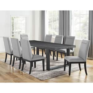 Yves Black Wood Counter Height Dining Set 9-Piece with 8-Gray-Upholstered Side Chairs and 1 18 in. Leaf