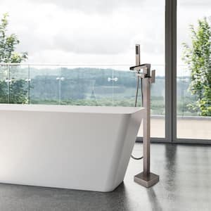 Single Handle Freestanding Bathtub Faucet with Waterfall Outlet Tub Filler and Hand Shower in Brushed Nickel