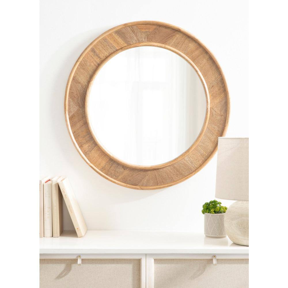 28" Natural Brown Mango Wood Round Wall Mirror