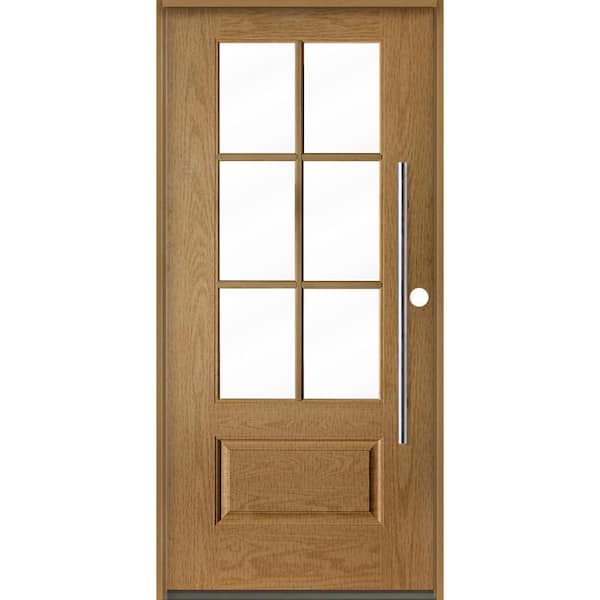Farmhouse Faux Pivot 36 in. x 80 in. 6-Lite Left-Hand/Inswing Clear Glass Bourbon Stain Fiberglass Prehung Front Door