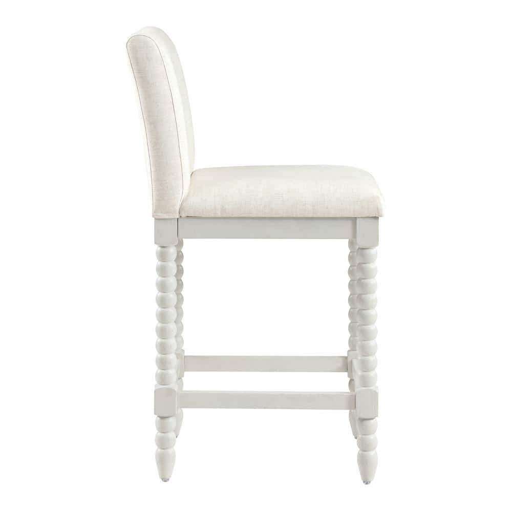 Antique White Wood Spindle Counter Stool with Linen Seat