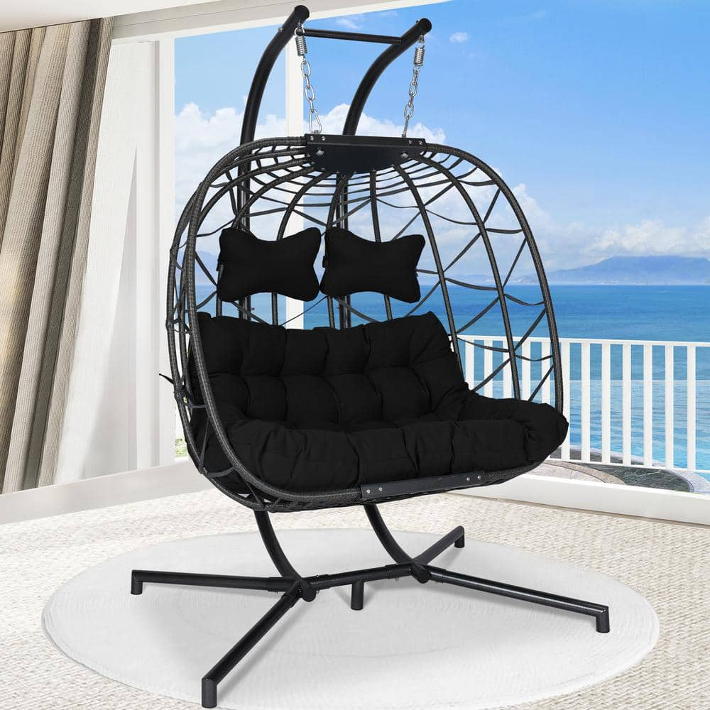 NICESOUL Large Dark Gray Ratten Double Seat Patio Swing Egg Chair with ...