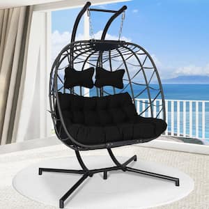 Large Dark Gray Ratten Double Seat Patio Swing Egg Chair with Black Stand Cushions