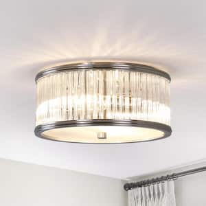 12 in. 2-Light Brushed Nickel Modern Flush Mount Ceiling Light with Clear Glass Tubes