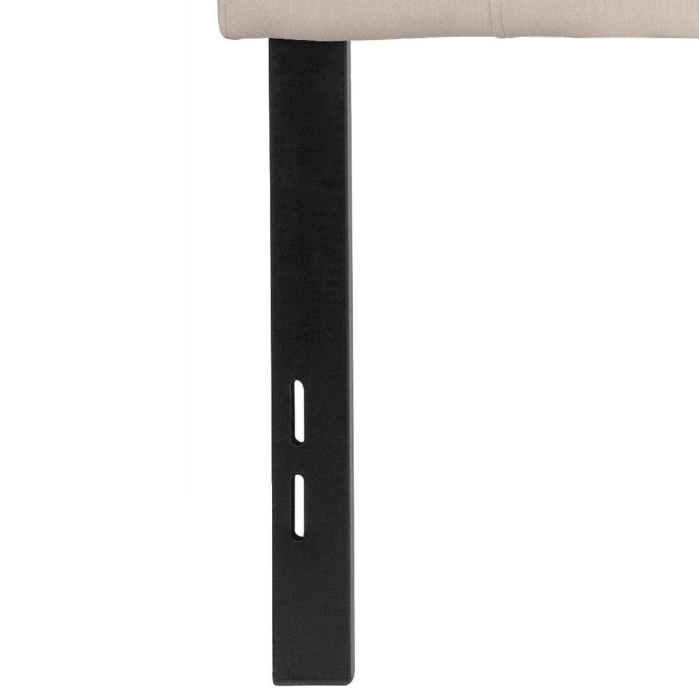 Close-up of the black metal leg and adjustable slots of the headboard.