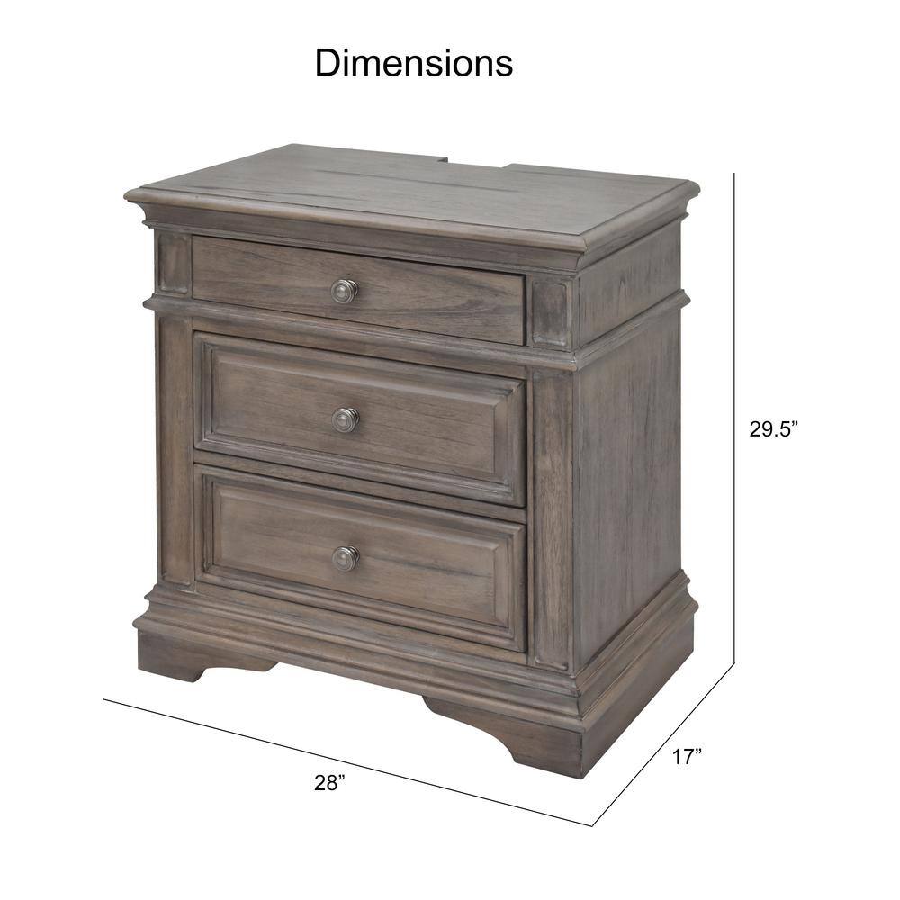 Beige Driftwood 3-Drawer Wood Nightstand with USB Ports