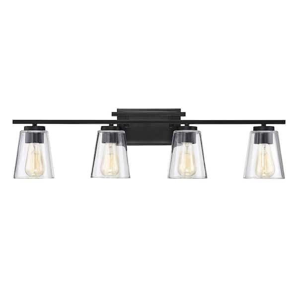 Calhoun 32 in. W x 8.75 in. H 4-Light Black Bathroom Vanity Light with Clear Cone Glass Shades