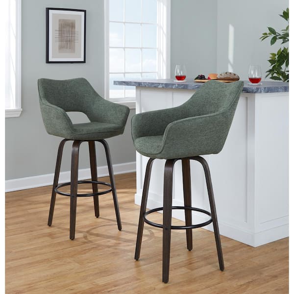 Lumisource Mustang 30.25 in. Green Fabric, Walnut Glazed Wood, and Black Metal Fixed-Height Barstool (Set of 2)