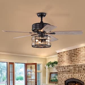 52 in. Indoor Matte Black Farmhouse Industrial Ceiling Fan with Light and Remote Control, 3xE12, No Bulb