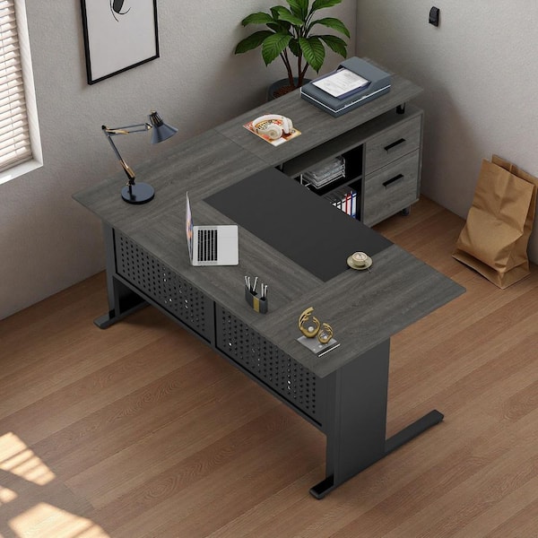 Tribesigns 63 in. Gray L Shaped Computer Desk with Drawers and