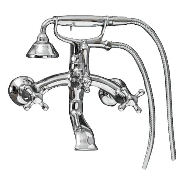 PELHAM & WHITE Vintage Style 3-Handle Wall Mount Claw Foot Tub Faucet with Cross Handles and Handshower in Chrome