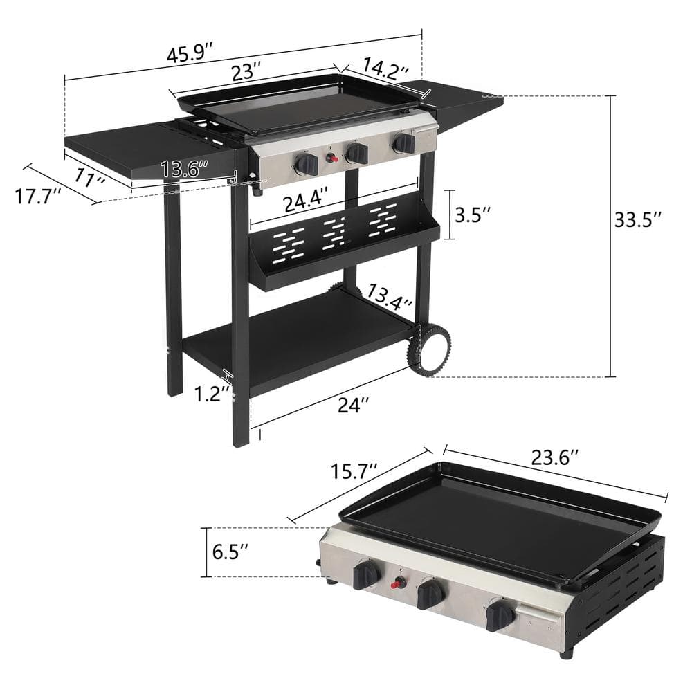 Black 3-Burner Propane Gas Griddle Cooking Station with Folding Shelves