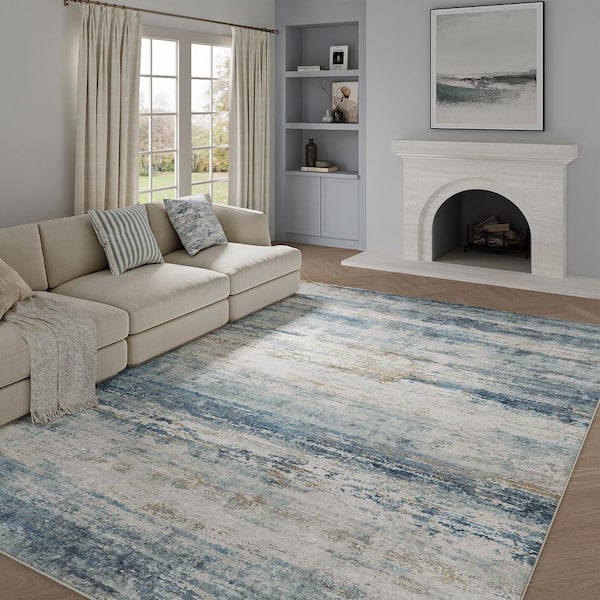 Sunset Over Sea Blue/Gold 9 ft. x 12 ft. Washable Modern Abstract Area Rug